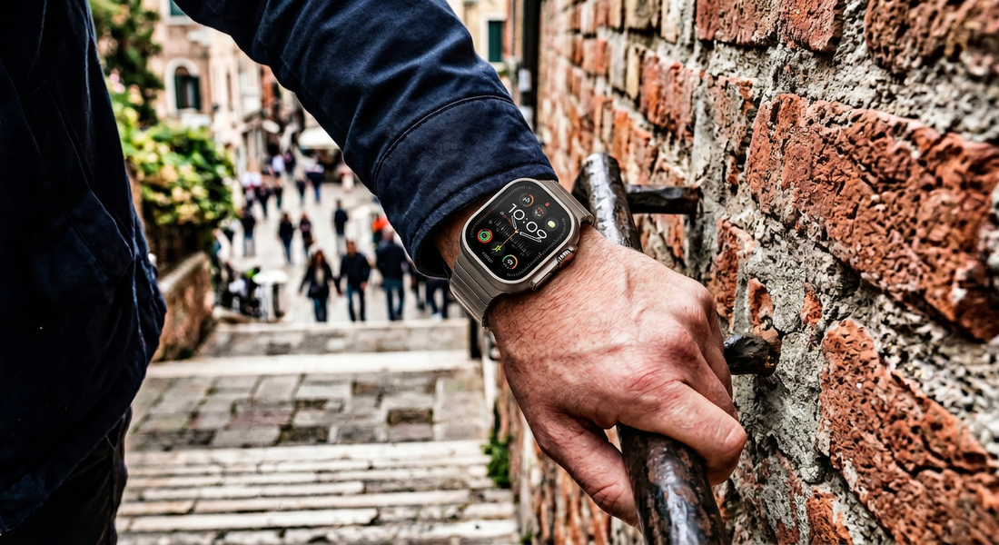 Smartwatch om pols met het risico op schade door railing en bakstenen muur.