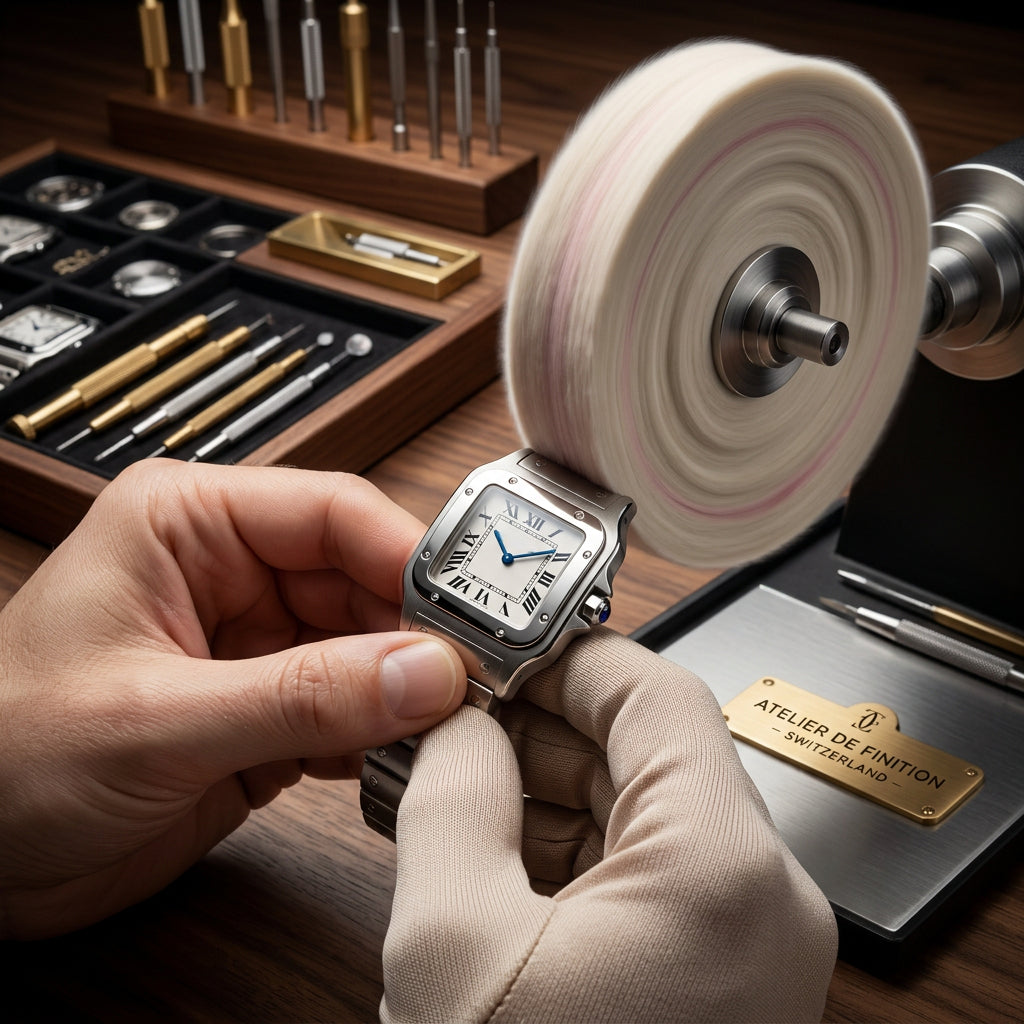 Luxe horloge polijsten met polijstmachine in atelier van horlogemaker